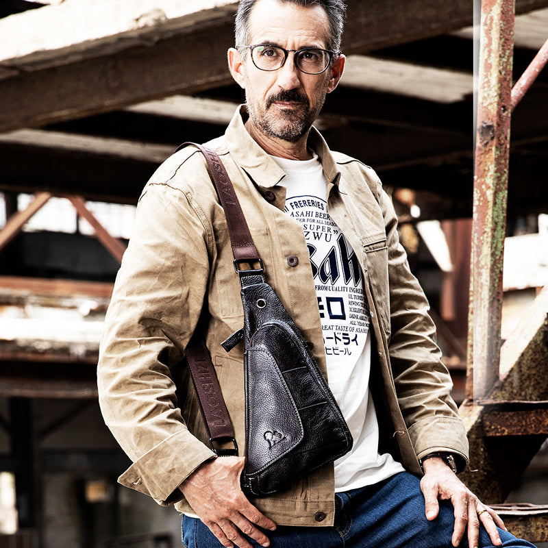 Leather Sling Bag for Men Women Casual Crossbody Small Chest Bag Coffee