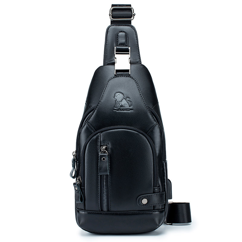 Men Chest Bags Genuine Cow Leather with Charge Port Shoulder Bag Black