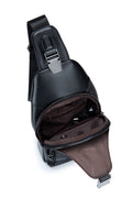 Men Chest Bags Genuine Cow Leather with Charge Port Shoulder Bag Black