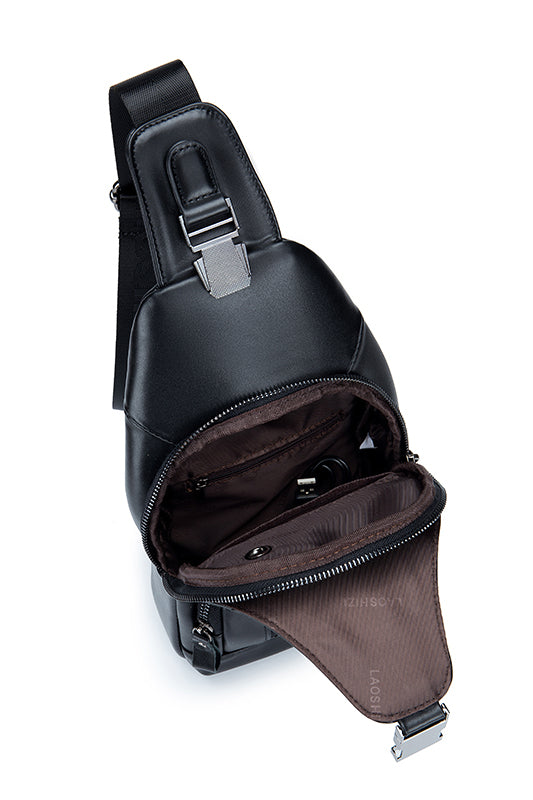 Men Chest Bags Genuine Cow Leather with Charge Port Shoulder Bag Black