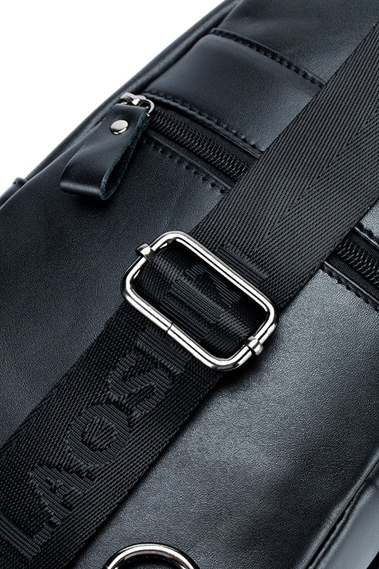 Men Chest Bags Genuine Cow Leather with Charge Port Shoulder Bag Black