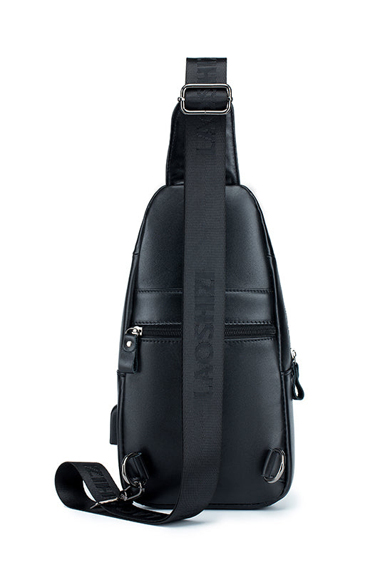 Men Chest Bags Genuine Cow Leather with Charge Port Shoulder Bag Black