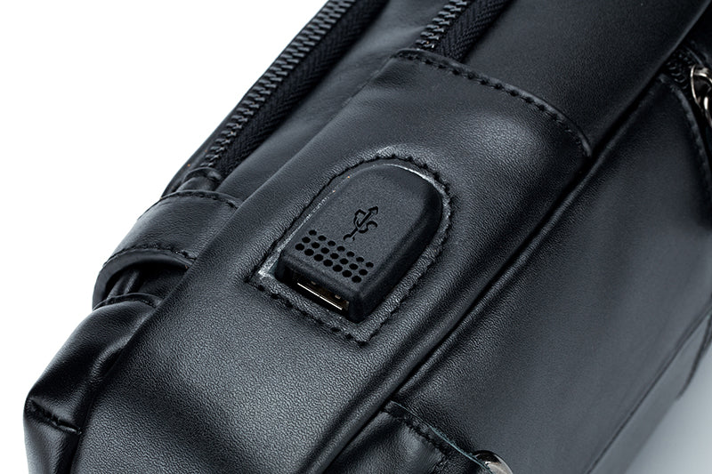 Men Chest Bags Genuine Cow Leather with Charge Port Shoulder Bag Black