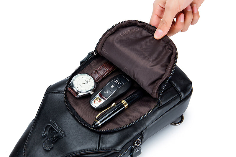 Men Chest Bags Genuine Cow Leather with Charge Port Shoulder Bag Black