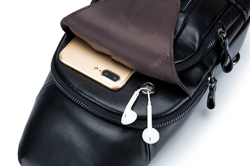Men Chest Bags Genuine Cow Leather with Charge Port Shoulder Bag Black