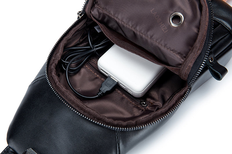 Men Chest Bags Genuine Cow Leather with Charge Port Shoulder Bag Black