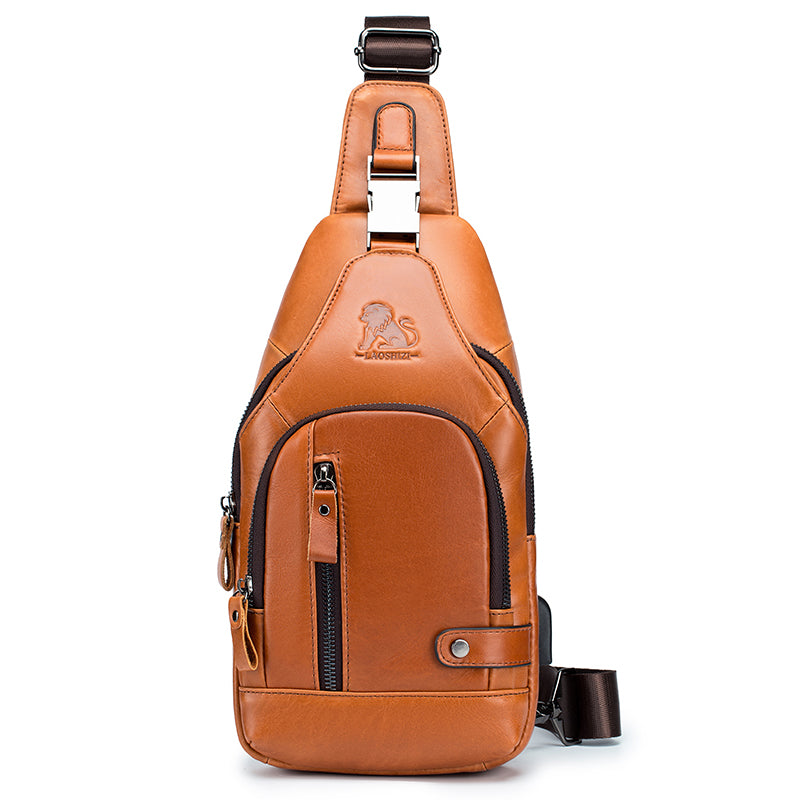 Men Chest Bags Genuine Cow Leather with Charge Port Shoulder Bag Brown