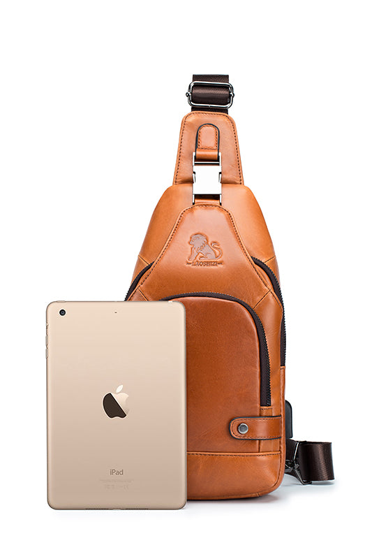 Men Chest Bags Genuine Cow Leather with Charge Port Shoulder Bag Brown