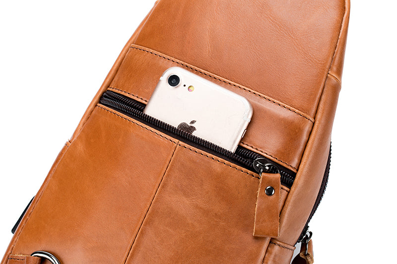 Men Chest Bags Genuine Cow Leather with Charge Port Shoulder Bag Brown