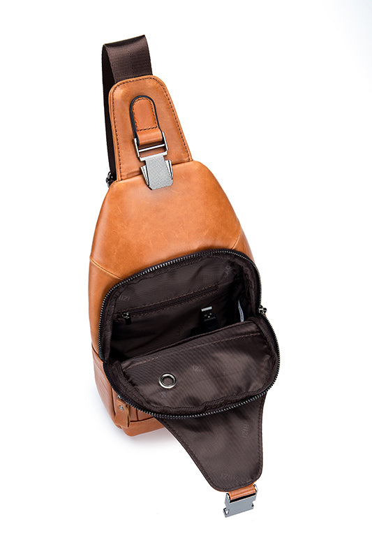 Men Chest Bags Genuine Cow Leather with Charge Port Shoulder Bag Brown