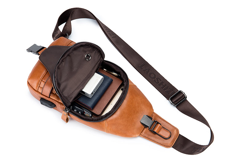 Men Chest Bags Genuine Cow Leather with Charge Port Shoulder Bag Brown