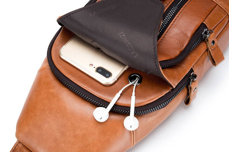 Men Chest Bags Genuine Cow Leather with Charge Port Shoulder Bag Brown