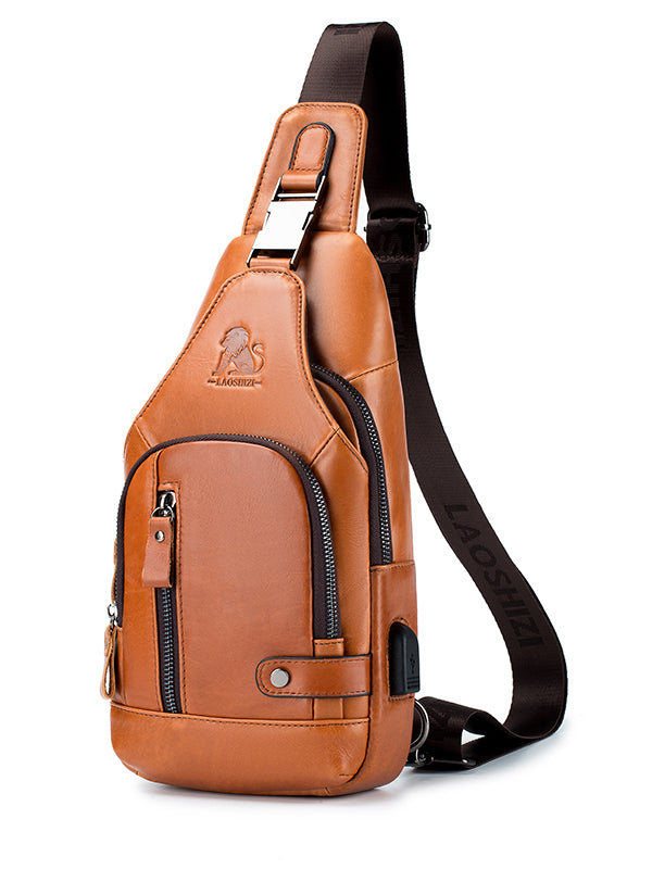 Men Chest Bags Genuine Cow Leather with Charge Port Shoulder Bag Brown