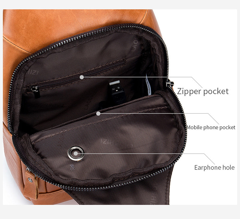 Men Chest Bags Genuine Cow Leather with Charge Port Shoulder Bag Brown