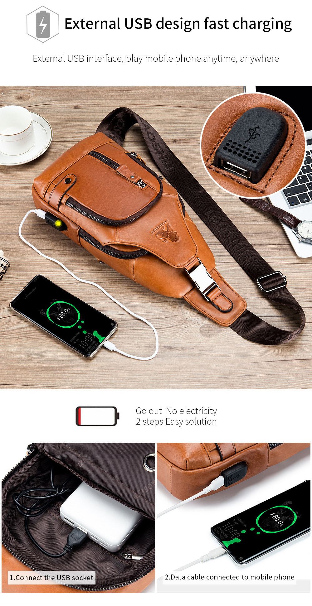 Men Chest Bags Genuine Cow Leather with Charge Port Shoulder Bag Brown