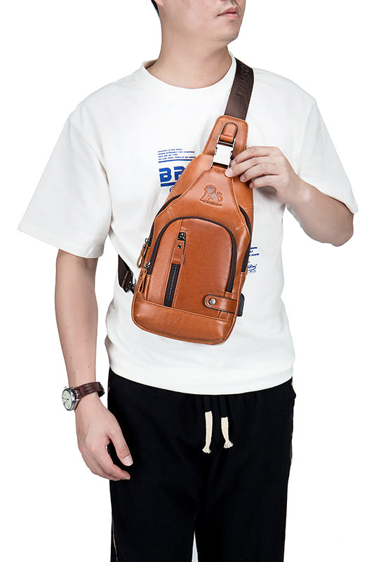 Men Chest Bags Genuine Cow Leather with Charge Port Shoulder Bag Brown