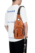 Men Chest Bags Genuine Cow Leather with Charge Port Shoulder Bag Brown