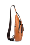 Men Chest Bags Genuine Cow Leather with Charge Port Shoulder Bag Brown