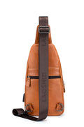 Men Chest Bags Genuine Cow Leather with Charge Port Shoulder Bag Brown