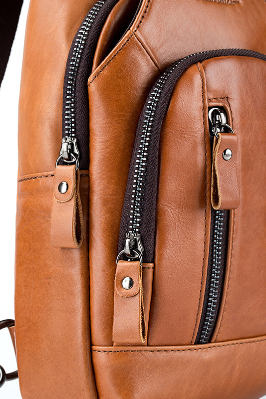 Men Chest Bags Genuine Cow Leather with Charge Port Shoulder Bag Brown