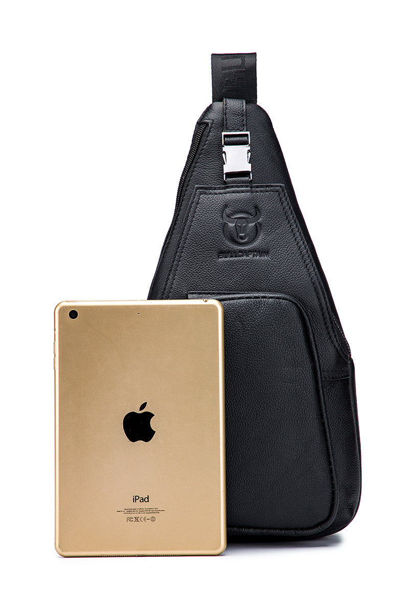 Men Crossbody Sling Bag Leather Chest Bags Travel Hiking Bag Black