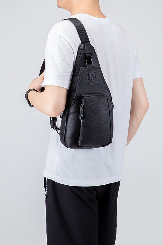 Men Crossbody Sling Bag Leather Chest Bags Travel Hiking Bag Black