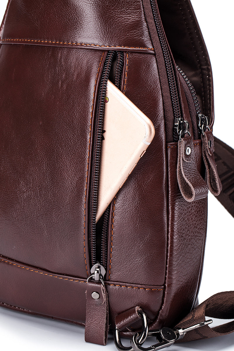 Men Crossbody Sling Bag Leather Chest Bags Travel Hiking Bag Coffee