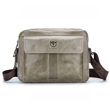 Men Genuine Leaher 10 Inch Laptop Waterproof Zipper Shoulder Messenger Bag Beige