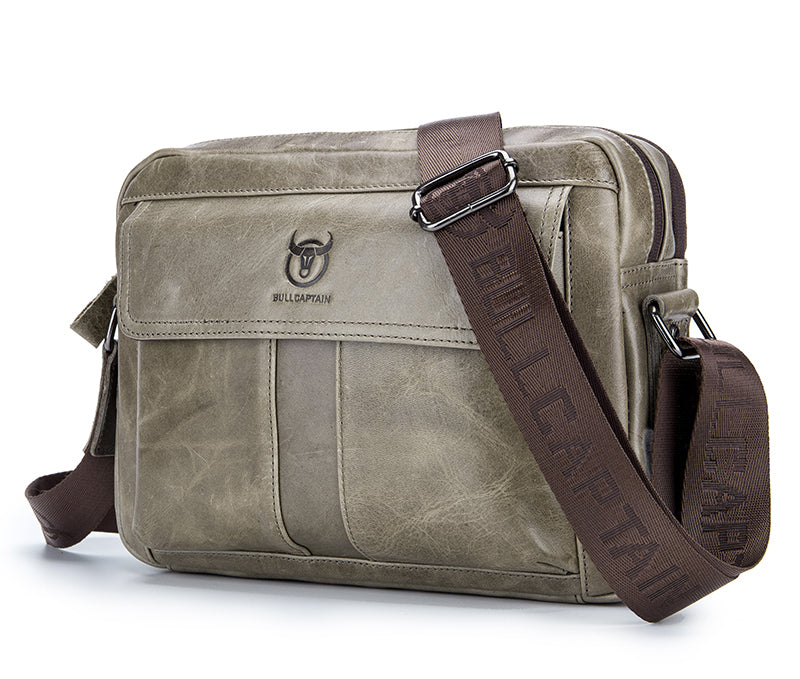 Men Genuine Leaher 10 Inch Laptop Waterproof Zipper Shoulder Messenger Bag Beige