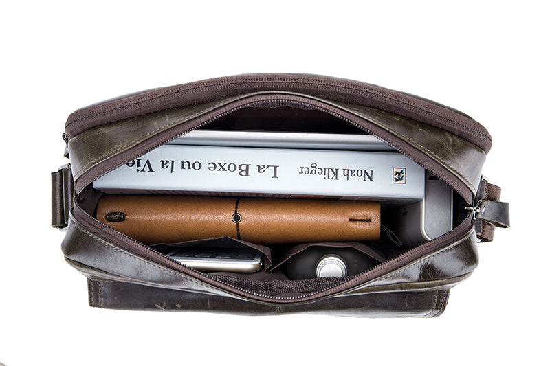 Men Genuine Leaher 10 Inch Laptop Waterproof Zipper Shoulder Messenger Bag Iron