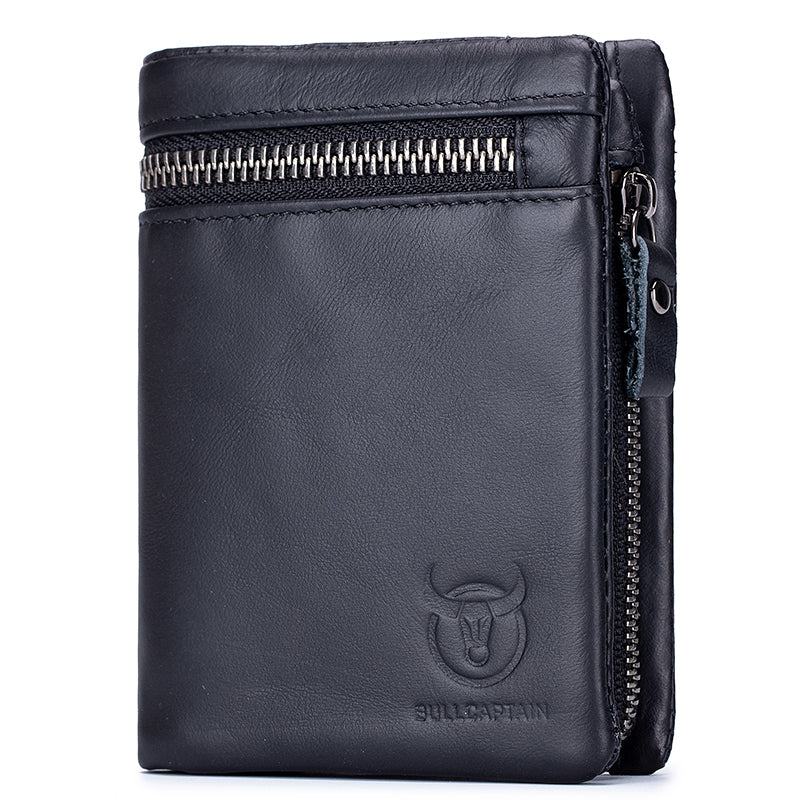 Men Genuine Leather Bifold Wallet with 2 ID Window Zipper Coin Purse Black
