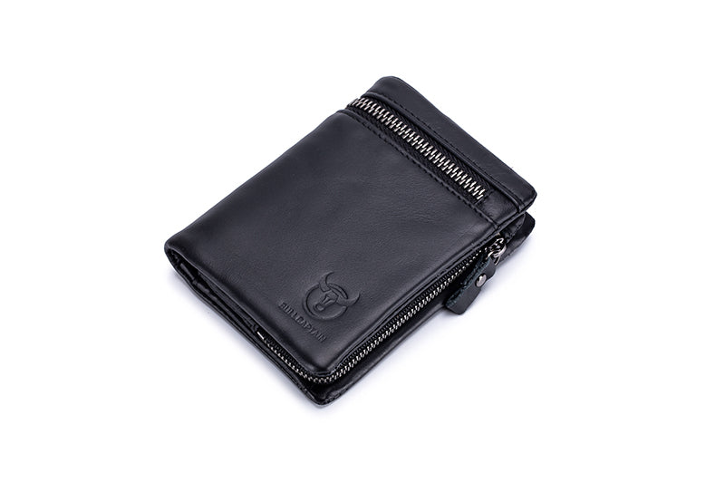 Men Genuine Leather Bifold Wallet with 2 ID Window Zipper Coin Purse Black