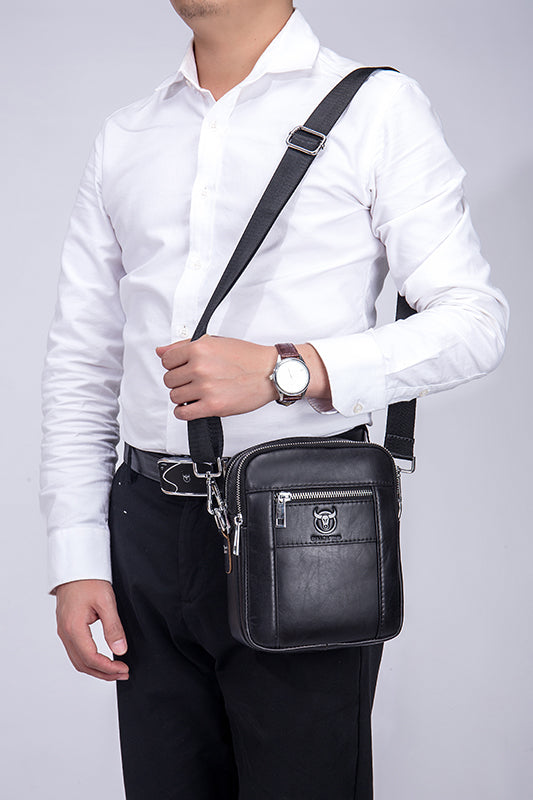 Men Genuine Leather Casual Small Shoulder Messenge Business Crossbody Bag Black