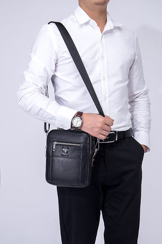 Men Genuine Leather Casual Small Shoulder Messenge Business Crossbody Bag Black