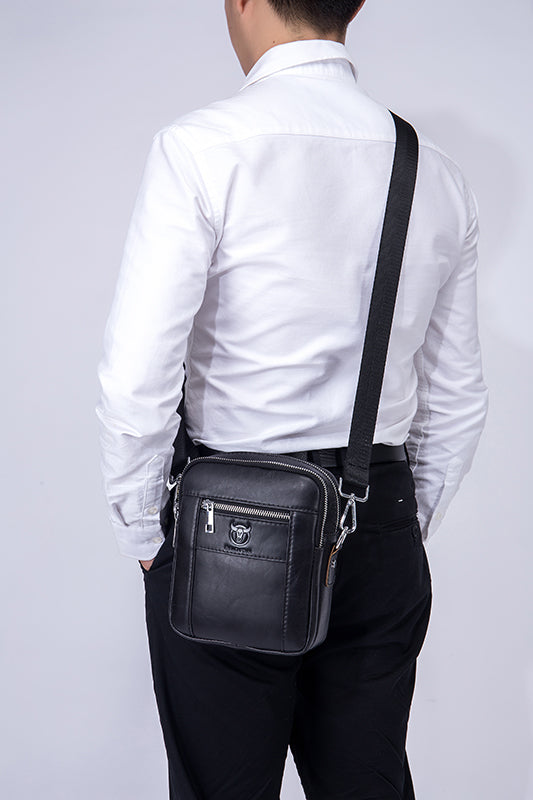 Men Genuine Leather Casual Small Shoulder Messenge Business Crossbody Bag Black
