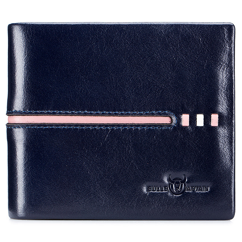 Men Genuine Leather RFID Blocking Bifold Wallet With 2 ID Windows Blue