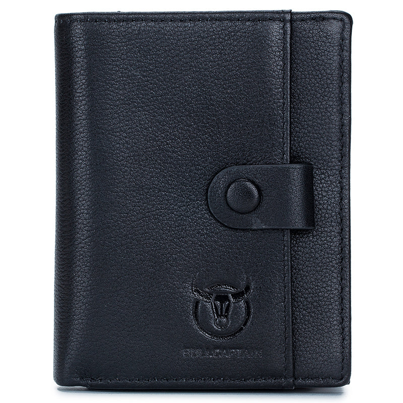 Men Genuine Leather Short Bifold Wallet with Zipper Minimalist Purse Black
