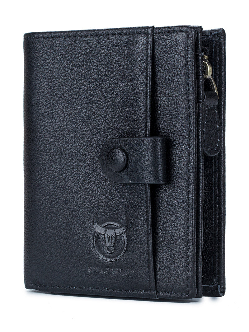 Men Genuine Leather Short Bifold Wallet with Zipper Minimalist Purse Black