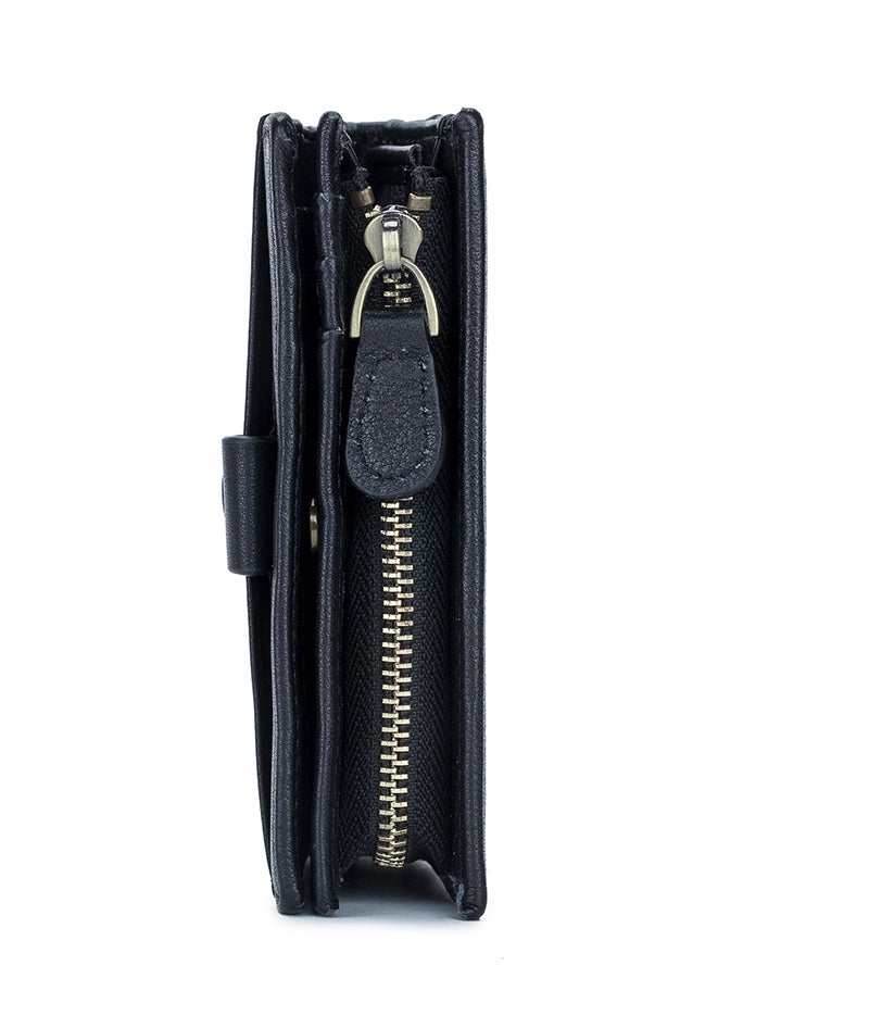 Men Genuine Leather Short Bifold Wallet with Zipper Minimalist Purse Black
