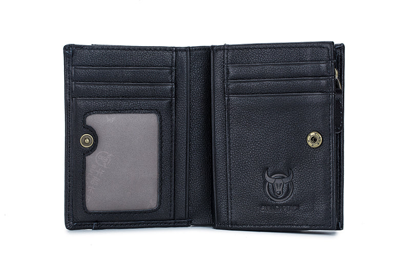 Men Genuine Leather Short Bifold Wallet with Zipper Minimalist Purse Black