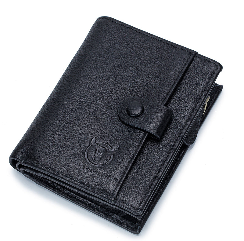 Men Genuine Leather Short Bifold Wallet with Zipper Minimalist Purse Black