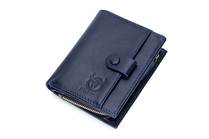 Men Genuine Leather Short Bifold Wallet with Zipper Minimalist Purse Blue