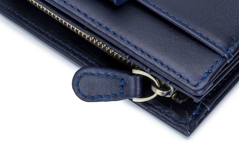 Men Genuine Leather Short Bifold Wallet with Zipper Minimalist Purse Blue