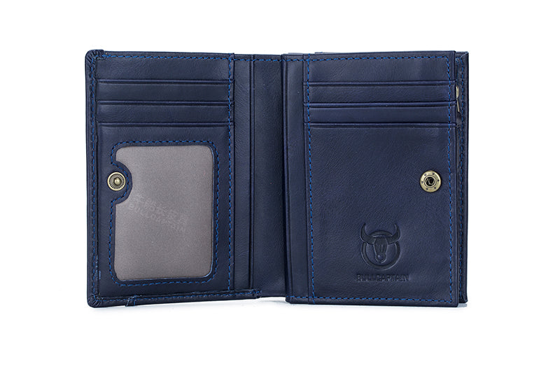 Men Genuine Leather Short Bifold Wallet with Zipper Minimalist Purse Blue