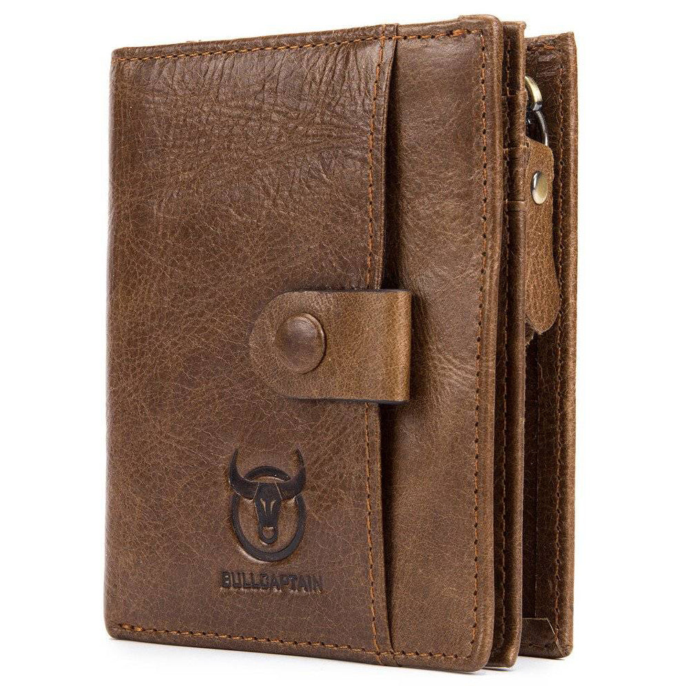 Men Genuine Leather Short Bifold Wallet with Zipper Minimalist Purse Chestnut