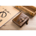 Men Genuine Leather Short Bifold Wallet with Zipper Minimalist Purse Chestnut