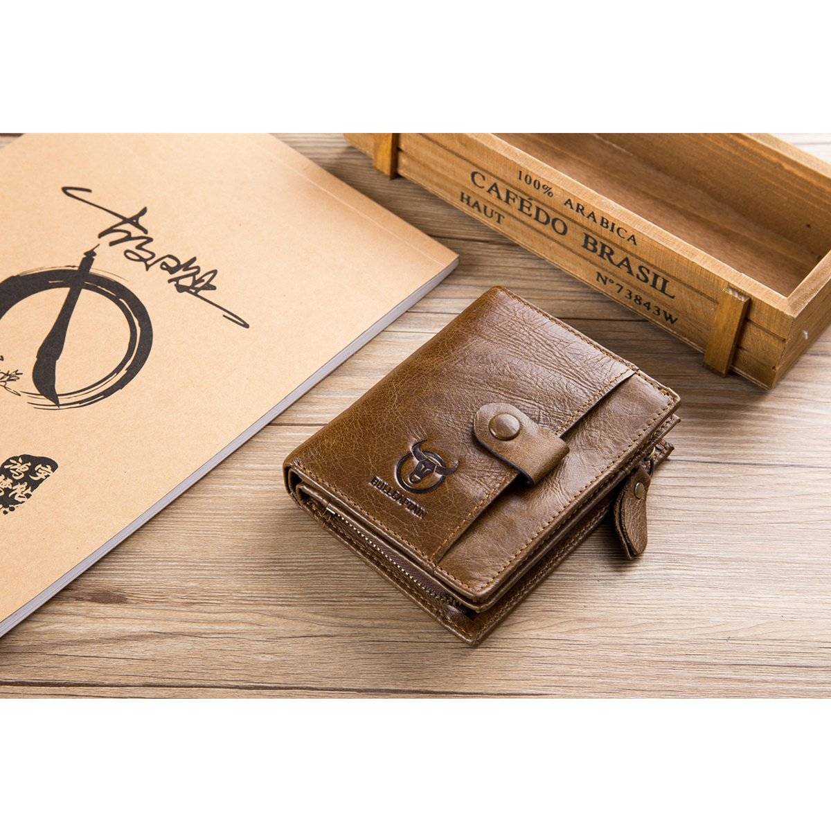 Men Genuine Leather Short Bifold Wallet with Zipper Minimalist Purse Chestnut