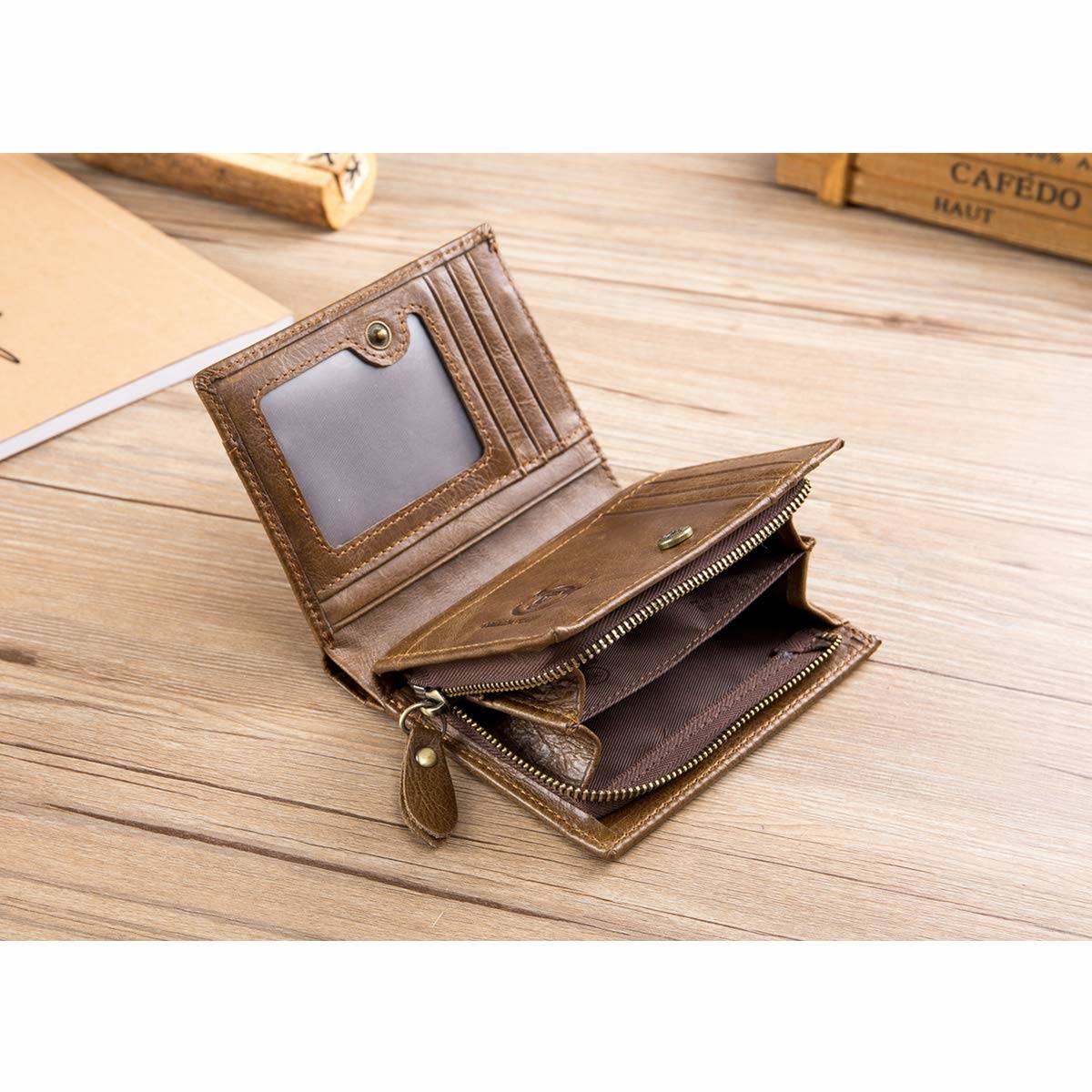 Men Genuine Leather Short Bifold Wallet with Zipper Minimalist Purse Chestnut