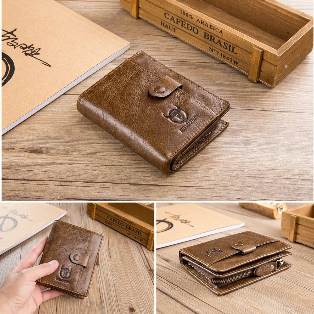 Men Genuine Leather Short Bifold Wallet with Zipper Minimalist Purse Chestnut