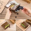 Men Genuine Leather Short Bifold Wallet with Zipper Minimalist Purse Chestnut